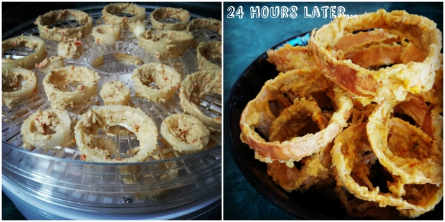 I set the dehydrator temperature very low at 110°F to keep the onions "raw" for raw foodists, who can also substitute the Sunflower Kitchen HUMMUS + with raw hummus. If you want to lower the dehydration time significantly from 24 hours, you can increase the temperature to 150°F-160°F and this should cut the time in half (about 12 hours).